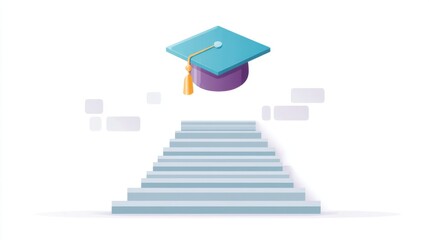 Graduation Cap Above a Flight of Stairs Representing Progress and Achievement