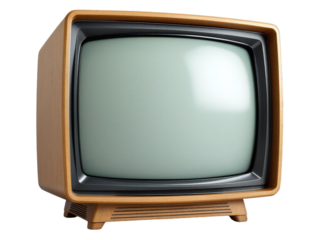 A vintage television set with a wood grain cabinet and a blank screen against a black background
