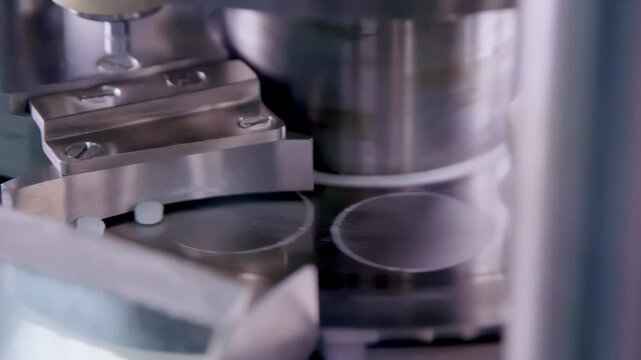 Pharmacy pills white tablets being pressed on a production line by modern pharmaceutical manufacturing facility machine