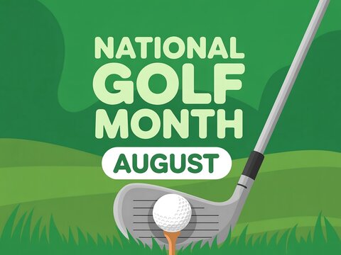 National golf month august illustration with golf ball and club on green background art