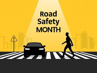 Illustration of road safety month with pedestrian, car, and warning sign on yellow background