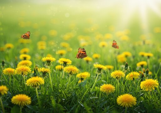 Fototapeta Butterflies dancing amongst dandelions in a sunny meadow