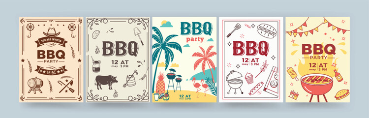 Rustic. Minimalist. Tropical and Summer Picnic Vintage Barbecue Invitation Templates. Set of BBQ Party Flyers – 4th of July Barbecue Posters, Banners, Holiday Picnic Vector Illustration