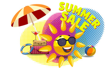Promo background Summer sale poster Sun cartoon in sunglasses