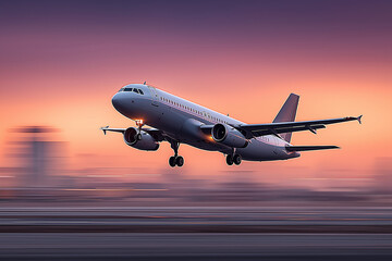 Naklejka premium Airplane taking off from runway, viewed from terminal window