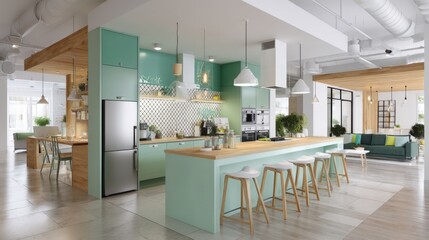 Fototapeta premium Modern Office Kitchen Interior Design with Green Cabinets and Wood Accents