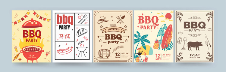 Rustic. Minimalist. Tropical and Summer Picnic Vintage Barbecue Invitation Templates. Set of BBQ Party Flyers – 4th of July Barbecue Posters, Banners, Holiday Picnic Vector Illustration