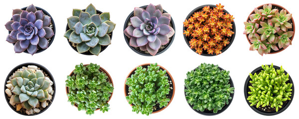 Assorted Succulent Plants in Round Pots Displaying Vibrant Colors and Varied Textures for Home and Garden Enthusiasts. Large Multiple Plant and Nature Collection Set Isolated on Transparent Background