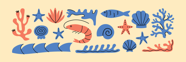 Fototapeta premium Nautical, marine, sea, ocean vector illustration set. Corals, starfish, shrimp, fish, waves, shells. Simple hand drawn style.
