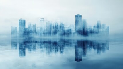 Fototapeta premium Cityscape Reflection. Blue Skyline with Tall Buildings and Water Effect, Dreamlike Urban Vision