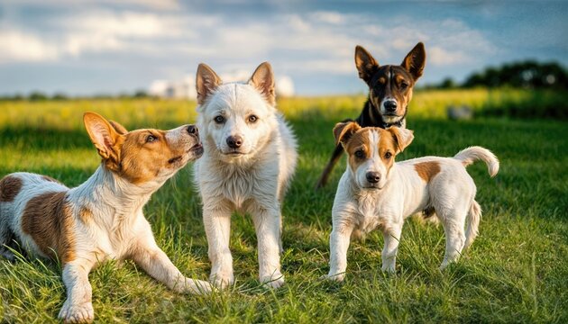 Adorable Farmyard Frolic Playful White Puppy and Agile Jack Russells Basenjis in a Rustic, Idyllic Setting under the Bright Skies