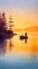 Silhouette of Two People Fishing in a Boat at Sunset on a Calm Lake