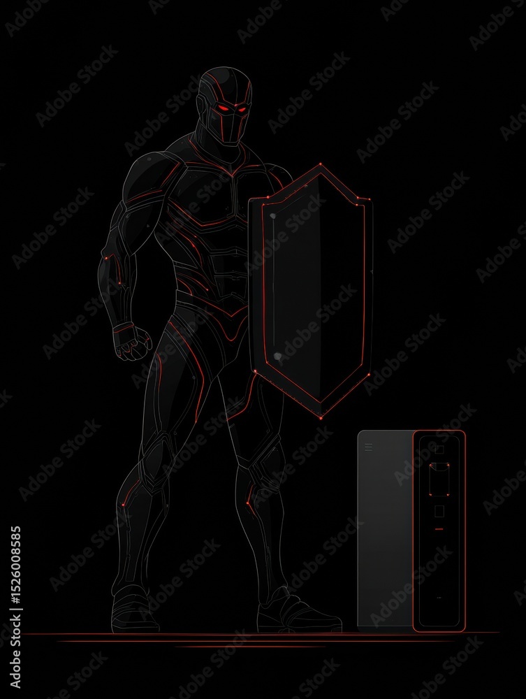 Aufkleber Cyber Guardian Avatar Stands Strong With Shield Beside a Device in a Dark Environment Signifying Protection in a Digital Age