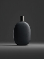 Sleek, seamless oval black bottle stands isolated against dark background, showcasing its minimalist design and elegant curves, evoking sense of modern sophistication