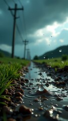 Fototapeta premium Water drop falls into a muddy puddle. The puddle is surrounded by grass and dirt