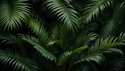 Tropical Palm Leaves and Rainforest Foliage Against Deep Black Background