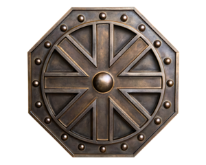 Decorative metal shield featuring a vintage design and details on a transparent background