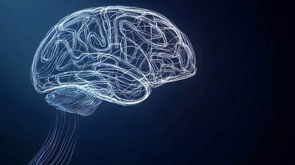 Futuristic metallic wireframe brain illustration digitally rendered showcasing intricate neural pathways and connections ideal for technological and neuroscience presentations or