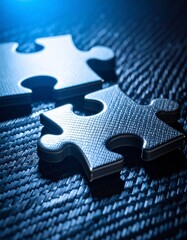 Detailed close-up of puzzle pieces on a textured, woven surface, illuminated by a blue light source, symbolizing problem solving and teamwork.