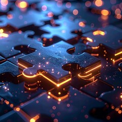 Close-up of glossy puzzle pieces with glowing neon edges, set against a dark background with floating light particles, creating a futuristic, tech-inspired atmosphere.