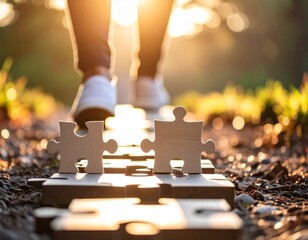 Close-up of large puzzle pieces forming a path on a dirt trail with a person walking in the warm, glowing sunset light.