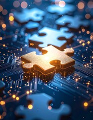 Golden puzzle pieces on a circuit board background symbolize digital transformation, problem-solving, and technological connectivity in the modern world.