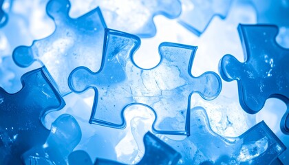 Close-up view of translucent blue puzzle pieces, creating an abstract background with a modern, problem-solving and connectivity theme.