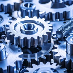 Detailed macro shots of interlocking metal gears showcase the precision and complexity of industrial machinery and mechanical engineering.