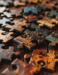Close-up of assorted jigsaw puzzle pieces with a rustic, weathered texture in shades of brown, blue, and orange, emphasizing age and decay.