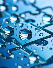 Close-up of shiny water droplets scattered across interconnected blue puzzle pieces, reflecting light and symbolizing unity, connection, and teamwork.
