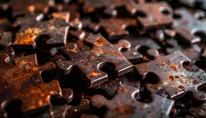 Detailed close-up of rusty metal jigsaw puzzle pieces with textured surfaces, highlighting decay, time, and industrial themes.