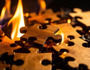 Close-up of wooden jigsaw puzzle pieces catching fire, with flames and embers creating a dramatic and intense visual effect.