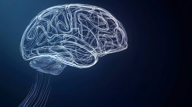 Futuristic metallic wireframe brain illustration digitally rendered showcasing intricate neural pathways and connections ideal for technological and neuroscience presentations or