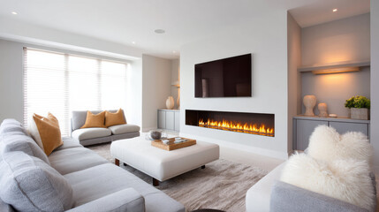 Modern living room with cozy gray sofa, wall mounted TV, linear fireplace, soft lighting, and neutral decor for relaxing atmosphere