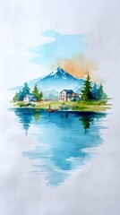 Watercolor Landscape Painting of a Serene Lakeside Farmhouse with Mountain Reflection