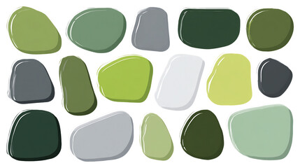 Green and Gray Pebble Collection:  Smooth Stone Shapes on Transparent Background, PNG