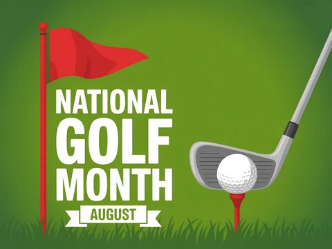 National golf month illustration with golf ball, tee, club, and red flag on green field