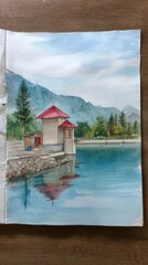 Watercolor Painting of a Stone House with Red Roof on a Calm Mountain Lake