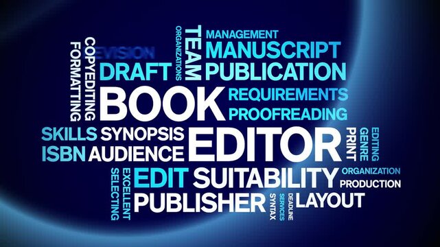 Book Editor animated word cloud;text design animation tag kinetic typography seamless loop.