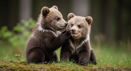 Obraz premium Two Adorable Brown Bear Cubs Playing in the Forest