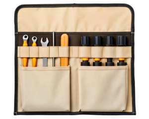 Handy tool organizer with pockets for efficient tool storage on a transparent background