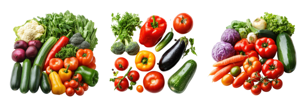 Fresh vegetables including zucchini, tomatoes, peppers, and broccoli create vibrant and healthy display, showcasing nature bounty, Isolated cutout on transparent background