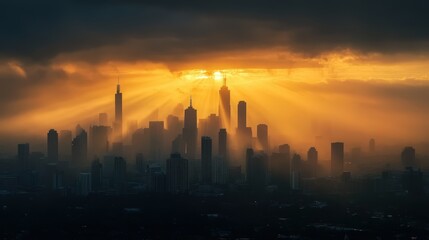 Fototapeta premium Majestic Skyline. Golden Rays Illuminate Cityscape at Sunset with Dramatic Cloudscape