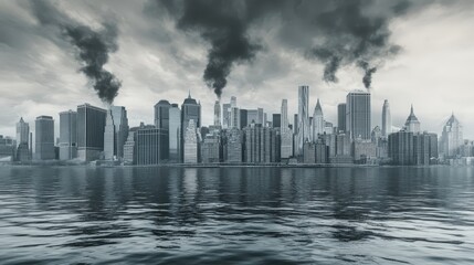 Naklejka premium Skyline Smoke Pollution. Cityscape with Dark Clouds and Smoke from Buildings, Environmental Impact