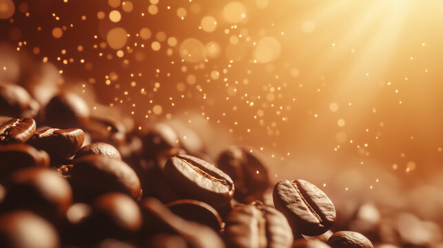 Rich coffee beans glisten in warm light, creating cozy atmosphere filled with golden sparkles