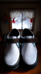Close-up of two light-colored shoes
