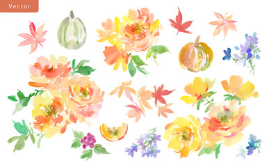 Vector clipart set of abstract autumn leaves, pumpkins, and berries painted in watercolor. Hand-drawn fall botanical illustrations for thanksgiving and pattern.