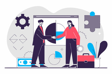 Presentation slide template or landing page website design. Business concept illustrations. Modern flat outline style. Teamwork concept