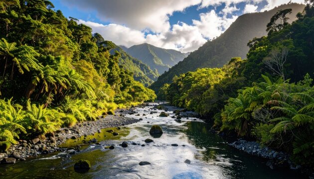 Lush river valley in rainforest - Powered by Adobe