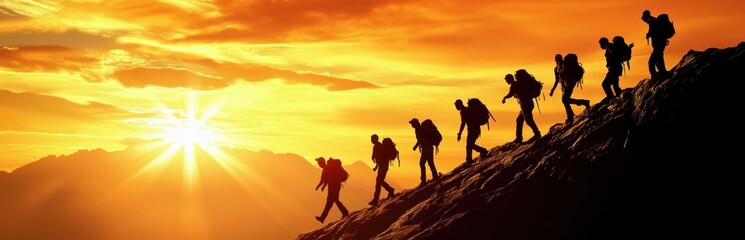 A group of hikers ascends a rugged mountain trail during a stunning sunset, showcasing silhouettes against a colorful sky, embodying adventure and exploration.